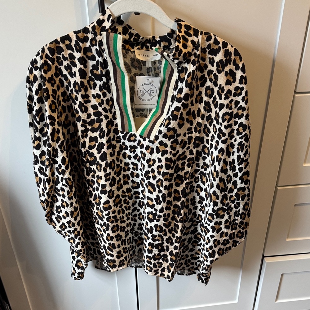 Entro Leopard Print Top with Green and White Accents